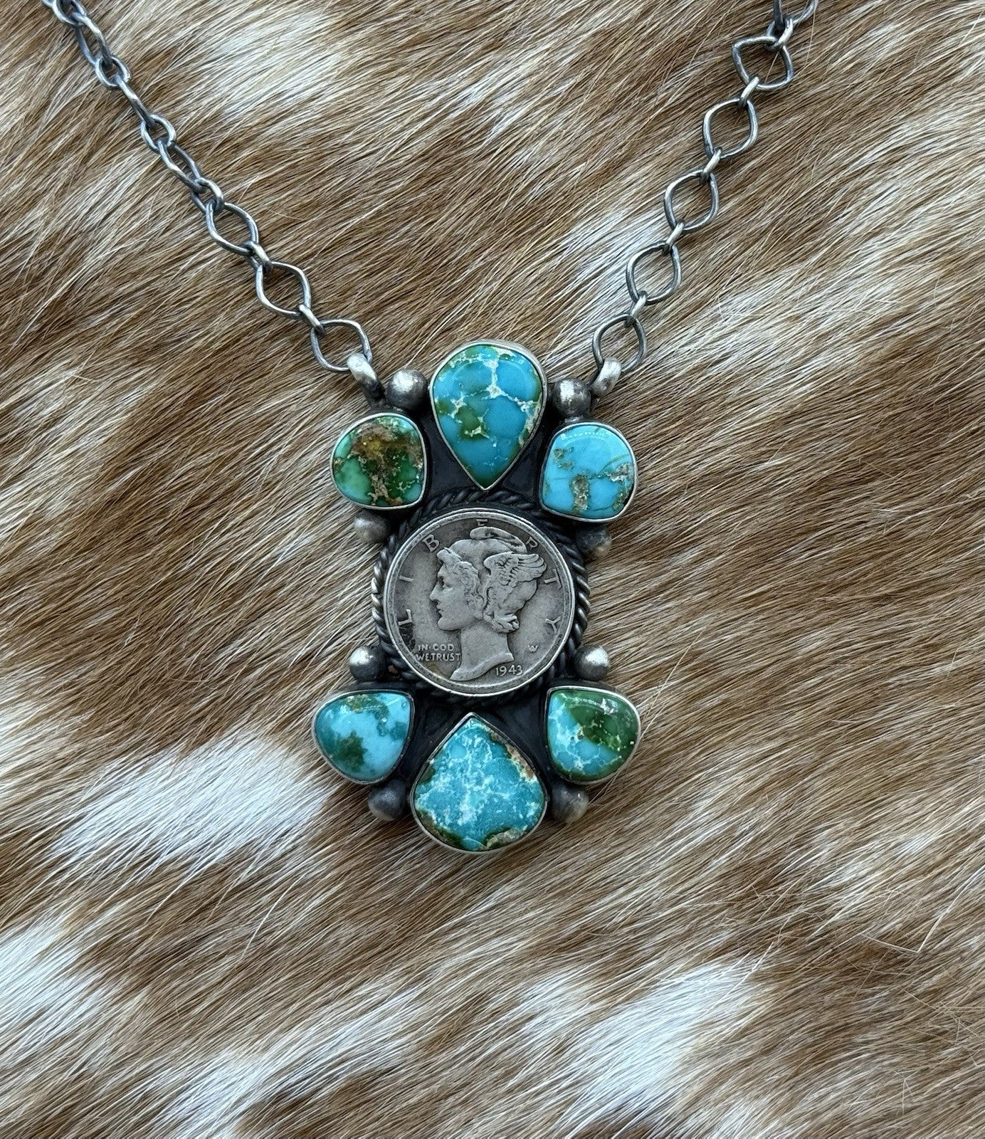 Navajo Handmade Silver Sonoran Gold Turquoise Liberty Coin Cluster Necklace 18”