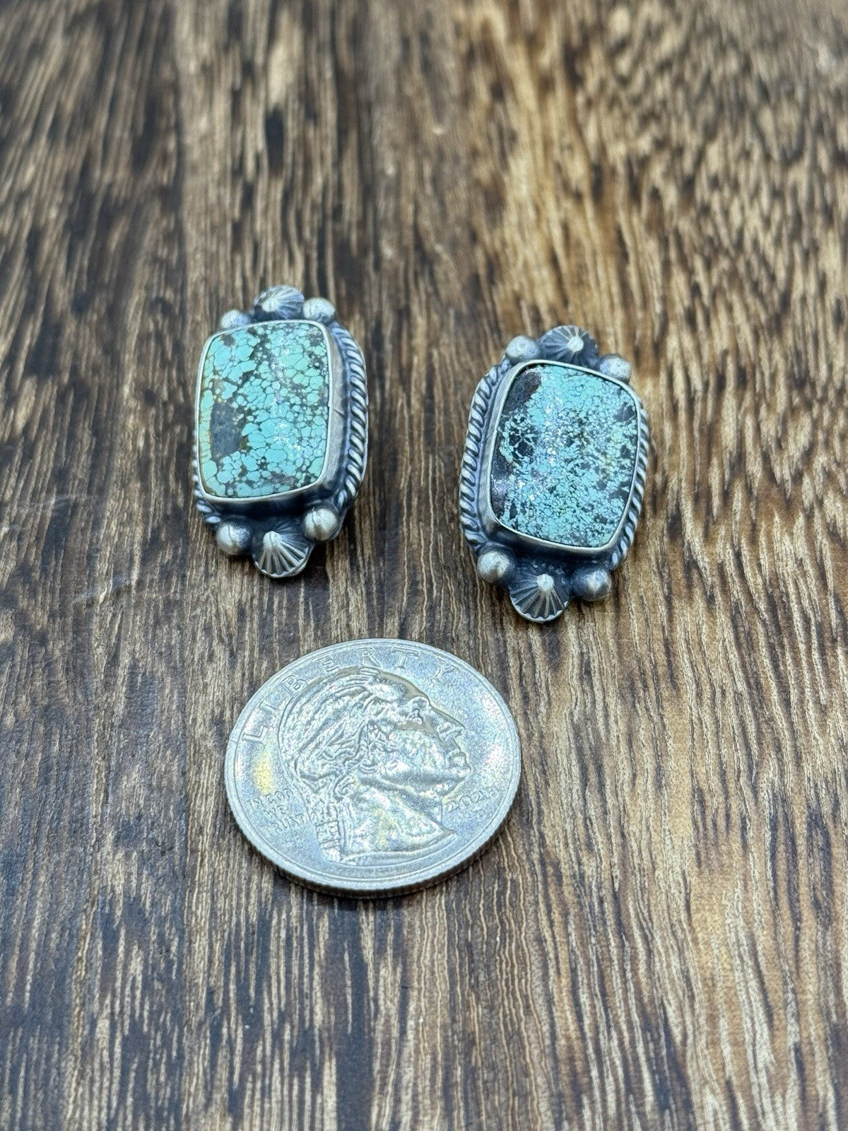 Navajo Handmade Sterling Silver Blackjack Turquoise Old Look Post Stud Earrings