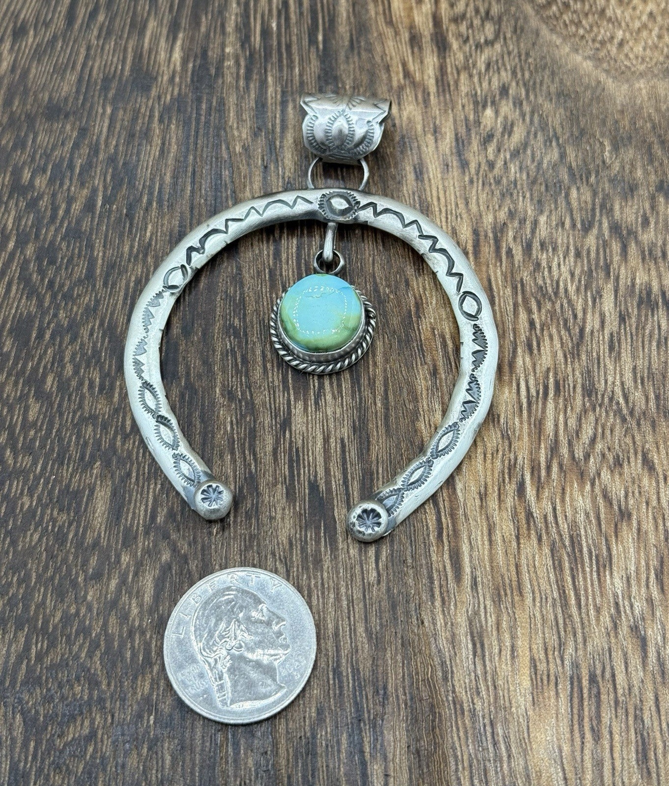 Navajo Handmade Sterling Silver Stamped Sonoran Gold Turquoise Naja Pendant