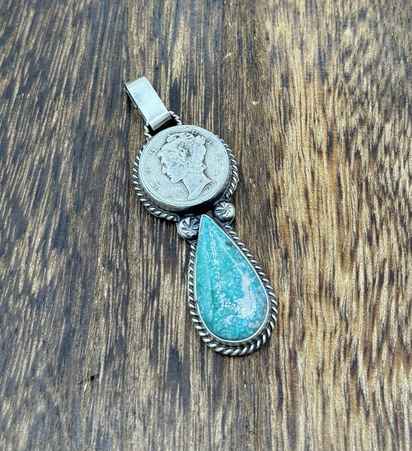 Navajo Handmade Sterling Silver White Water Turquoise Liberty Dime Coin Pendant