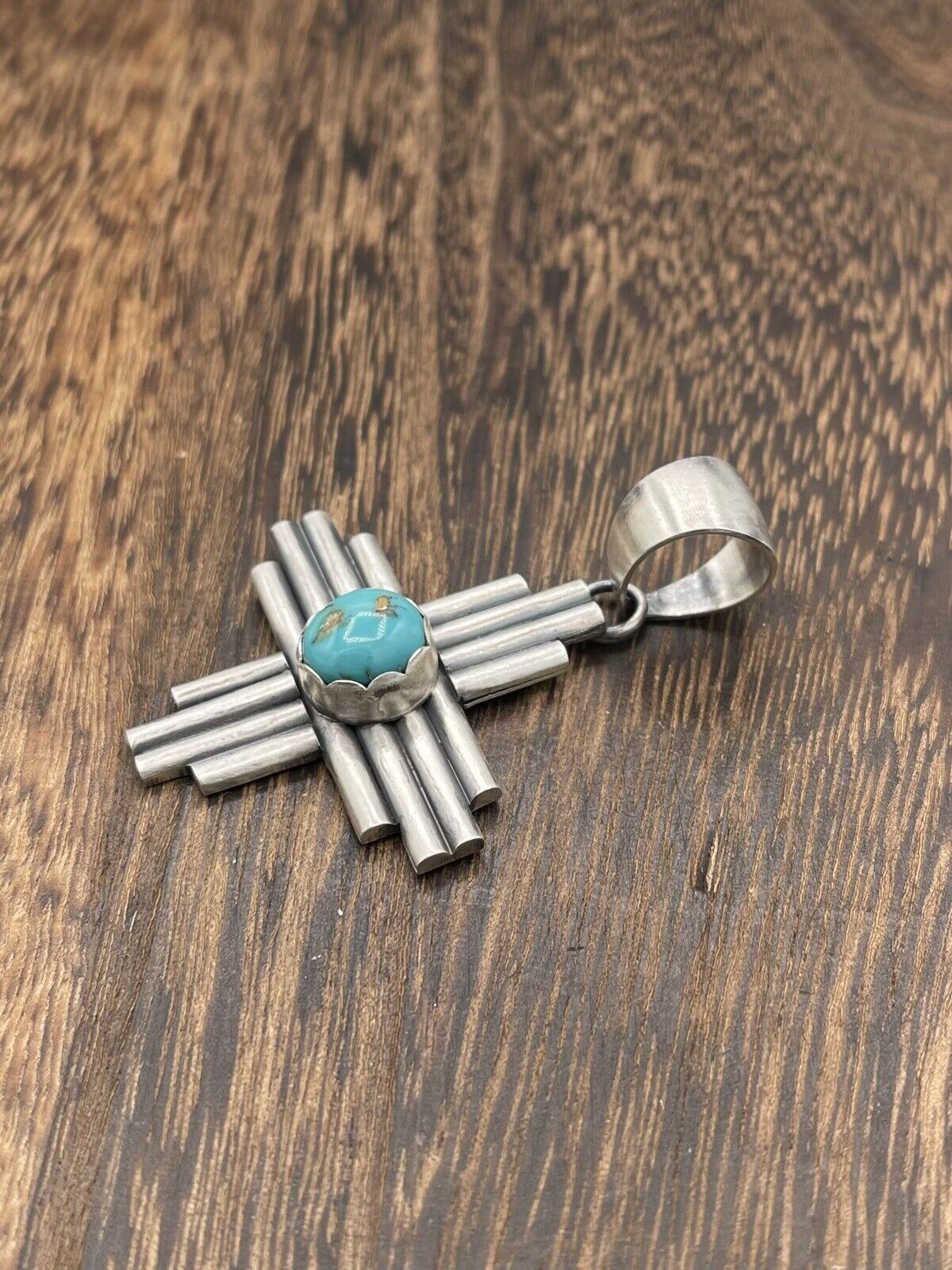 Native American Sterling Silver Navajo Handmade Kingman Turquoise Zia Pendant