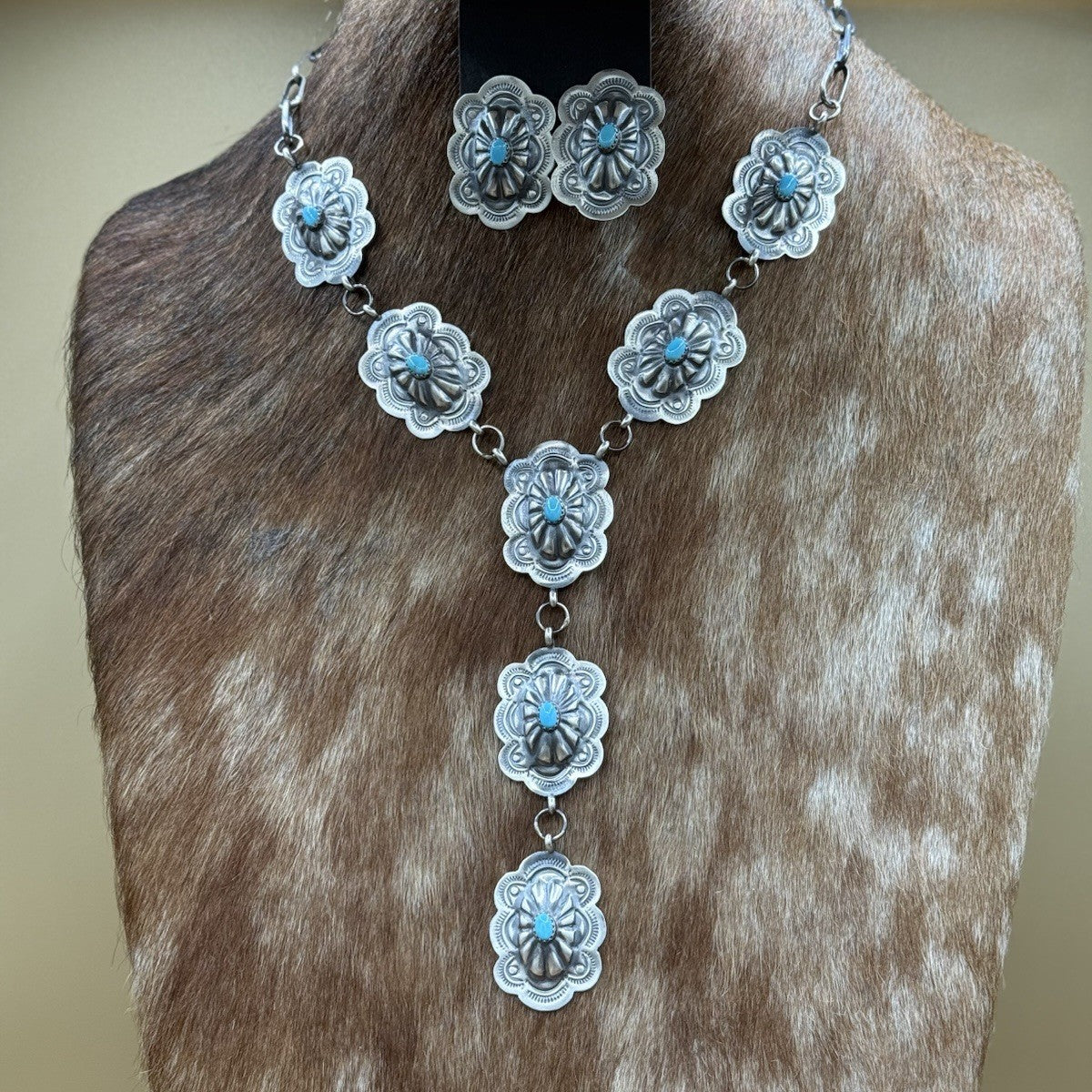 Navajo Handmade Sterling Silver Stamped Concho Turquoise Lariat Necklace Set 18”