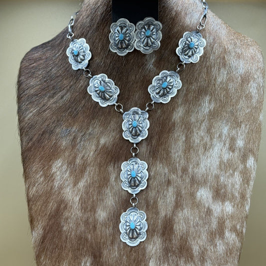 Navajo Handmade Sterling Silver Stamped Concho Turquoise Lariat Necklace Set 18”