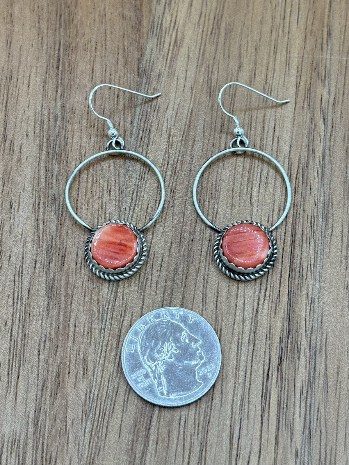 Navajo Handmade Sterling Silver Red Spiny Oyster Shell Hoop Dangle Drop Earrings