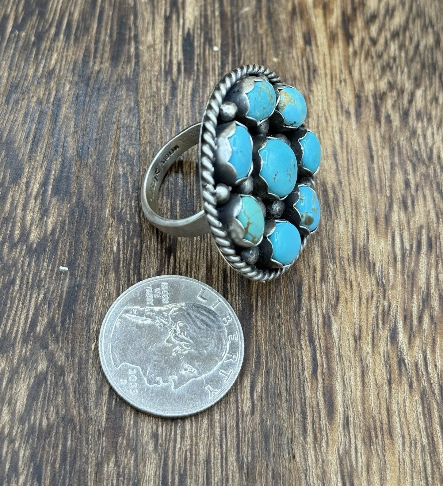 Navajo Handmade Sterling Silver Kingman Turquoise Adjustable Ring Size 7 To 9