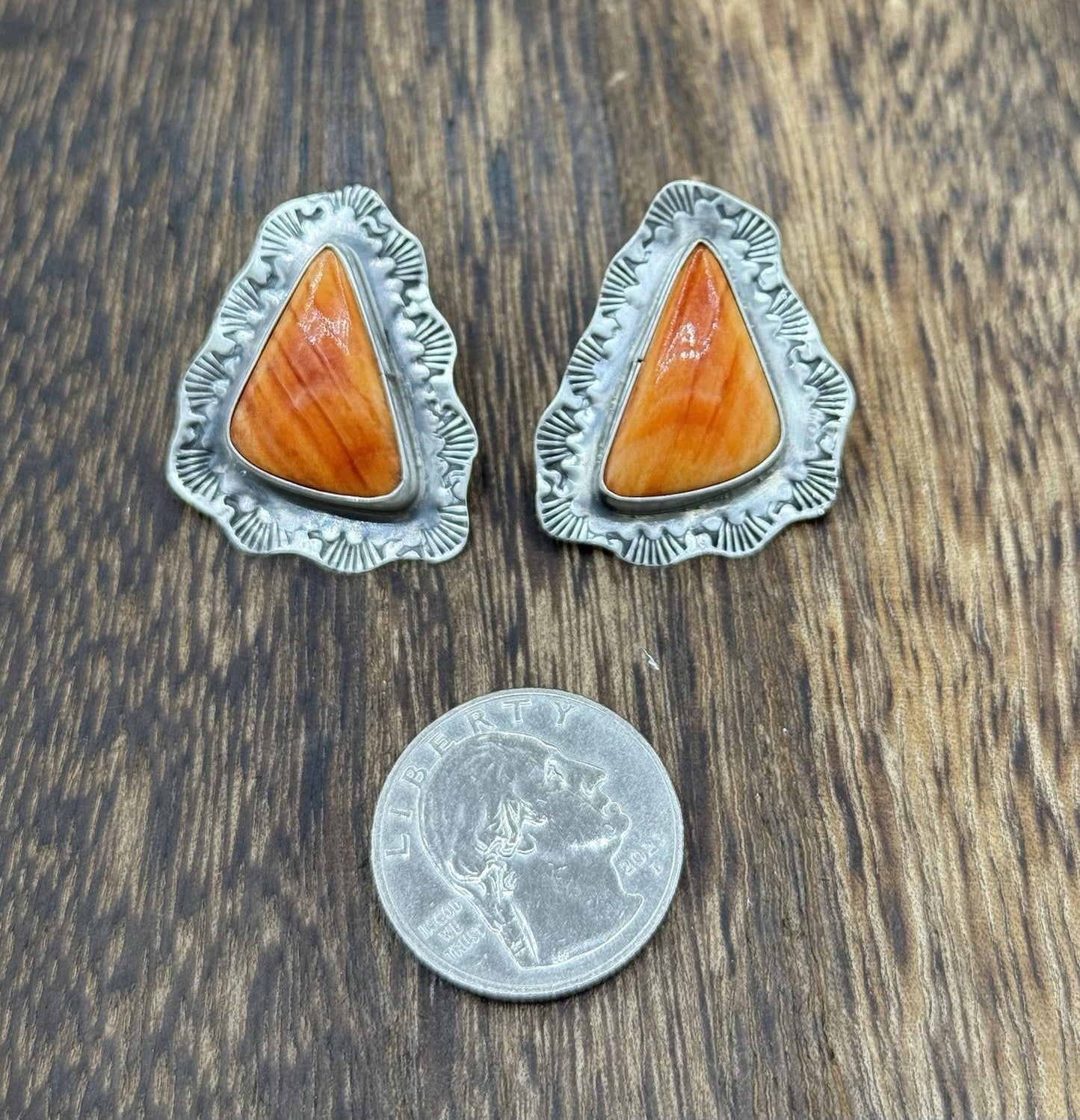 Navajo Handmade Sterling Silver Orange Spiny Oyster Shell Stamped Post Earrings