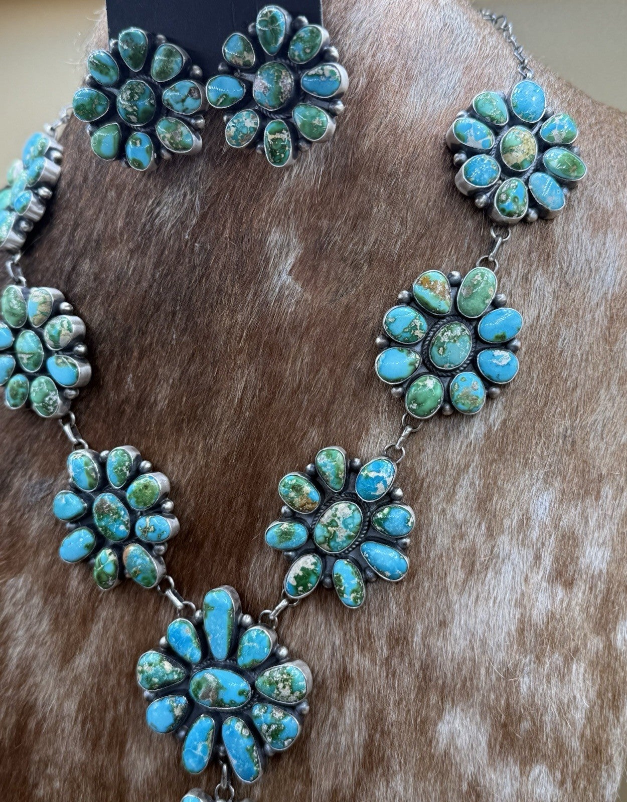 Navajo Handmade Sterling Silver Sonoran Turquoise Cluster Lariat Necklace 24”