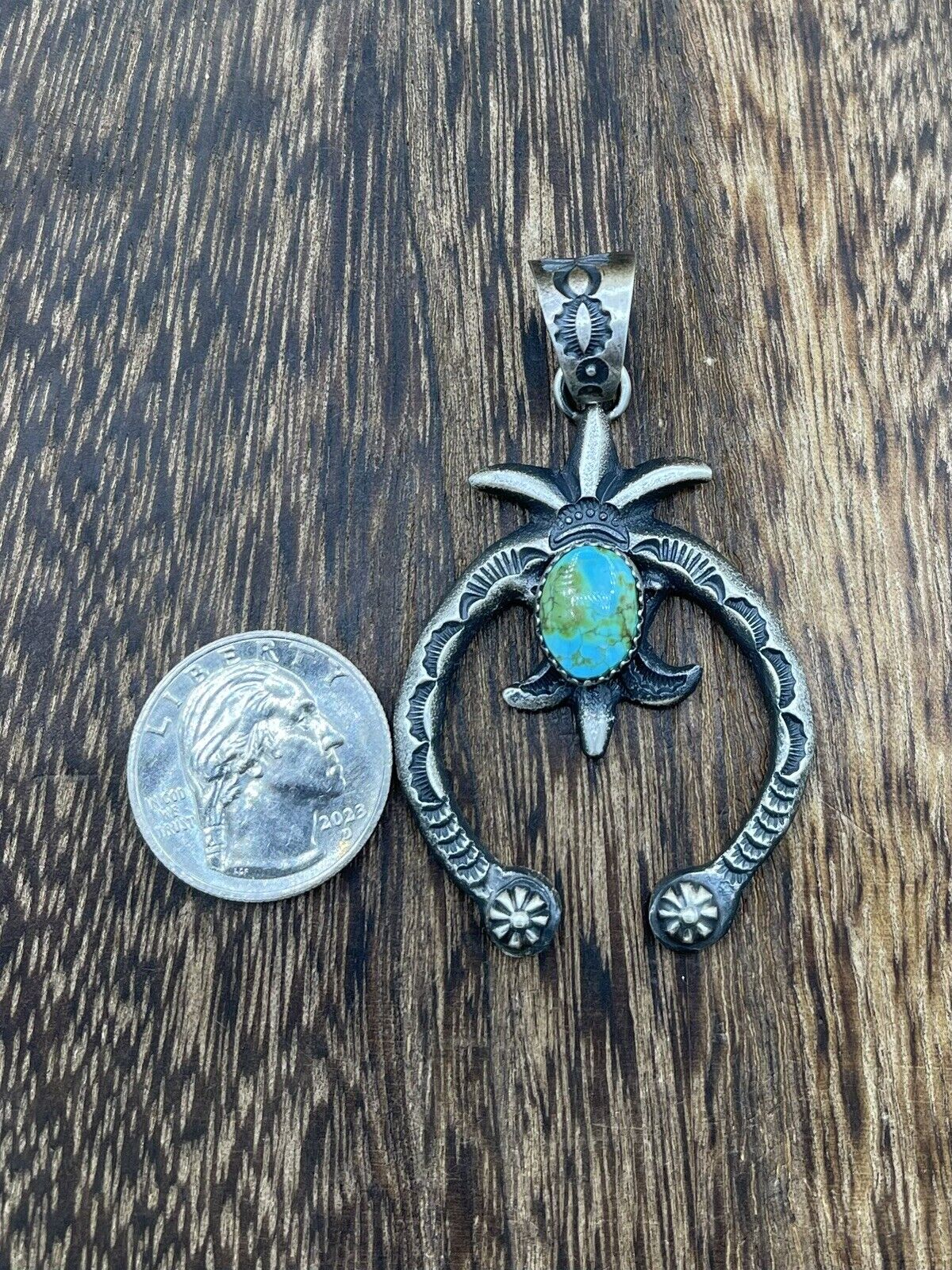 Native American Indian  Navajo Handmade Silver Old Look Turquoise Naja Pendant