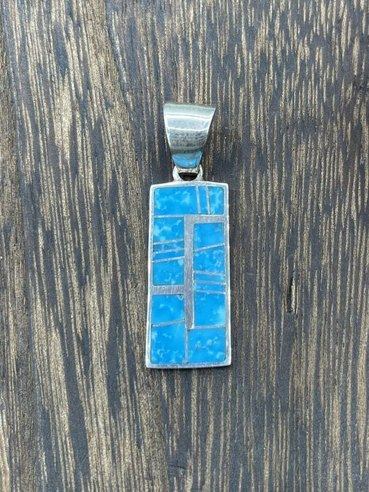 Native American Sterling Silver Navajo Handmade Natural Turquoise Inlay Pendant