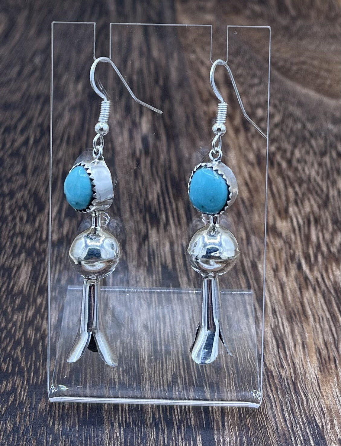 Native American Silver Navajo Handmade Turquoise Dangle Blossom Earrings shiny