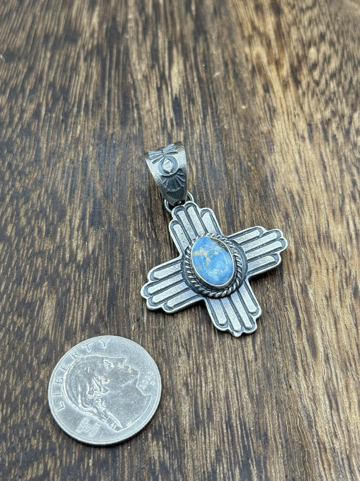 Navajo Handmade Sterling Silver Old Look Golden Hills Turquoise Zia Pendant
