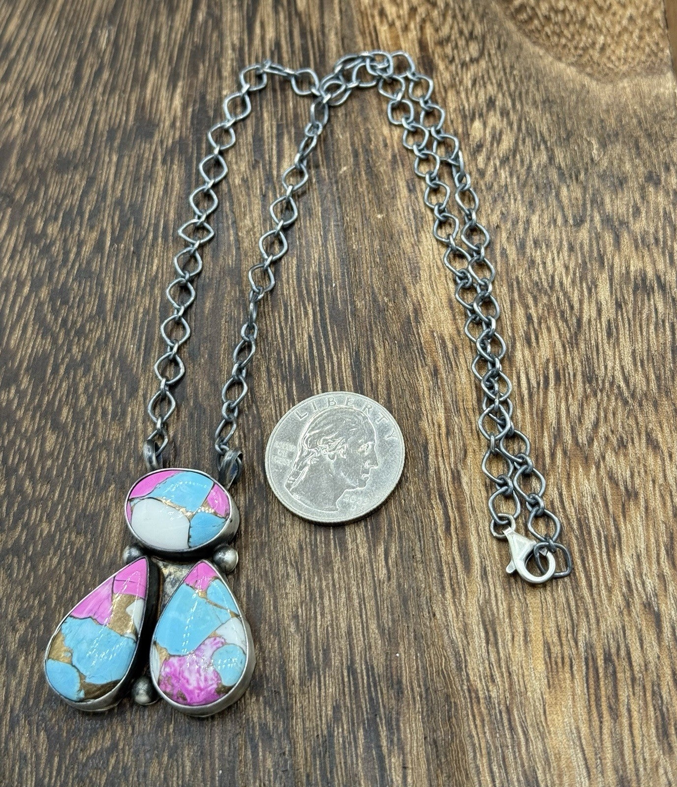 Navajo Handmade Sterling Silver Cotton Candy Dahlia Cluster Bar Necklace 18”