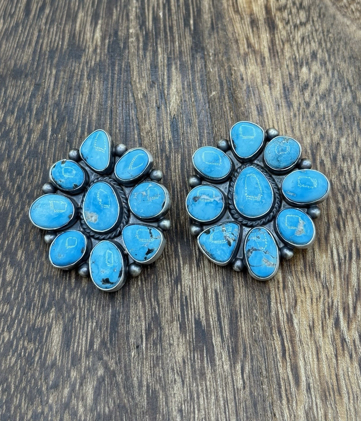 Navajo Handmade Sterling Silver Blue Ridge Turquoise Cluster Post Large Earrings