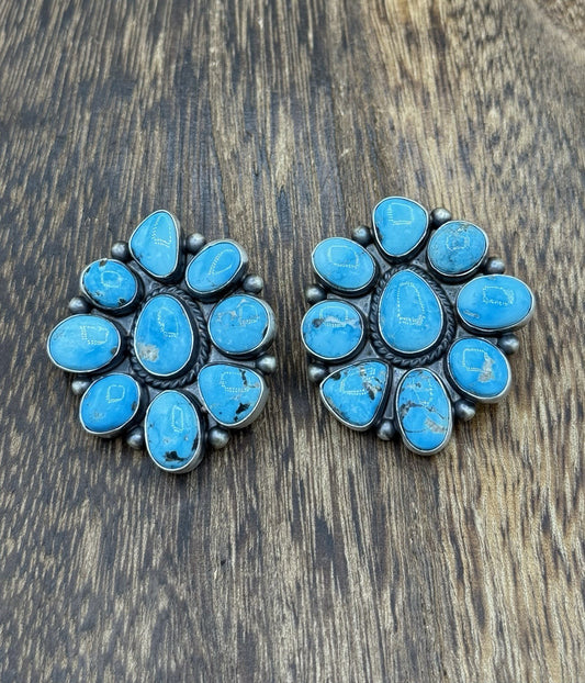 Navajo Handmade Sterling Silver Blue Ridge Turquoise Cluster Post Large Earrings