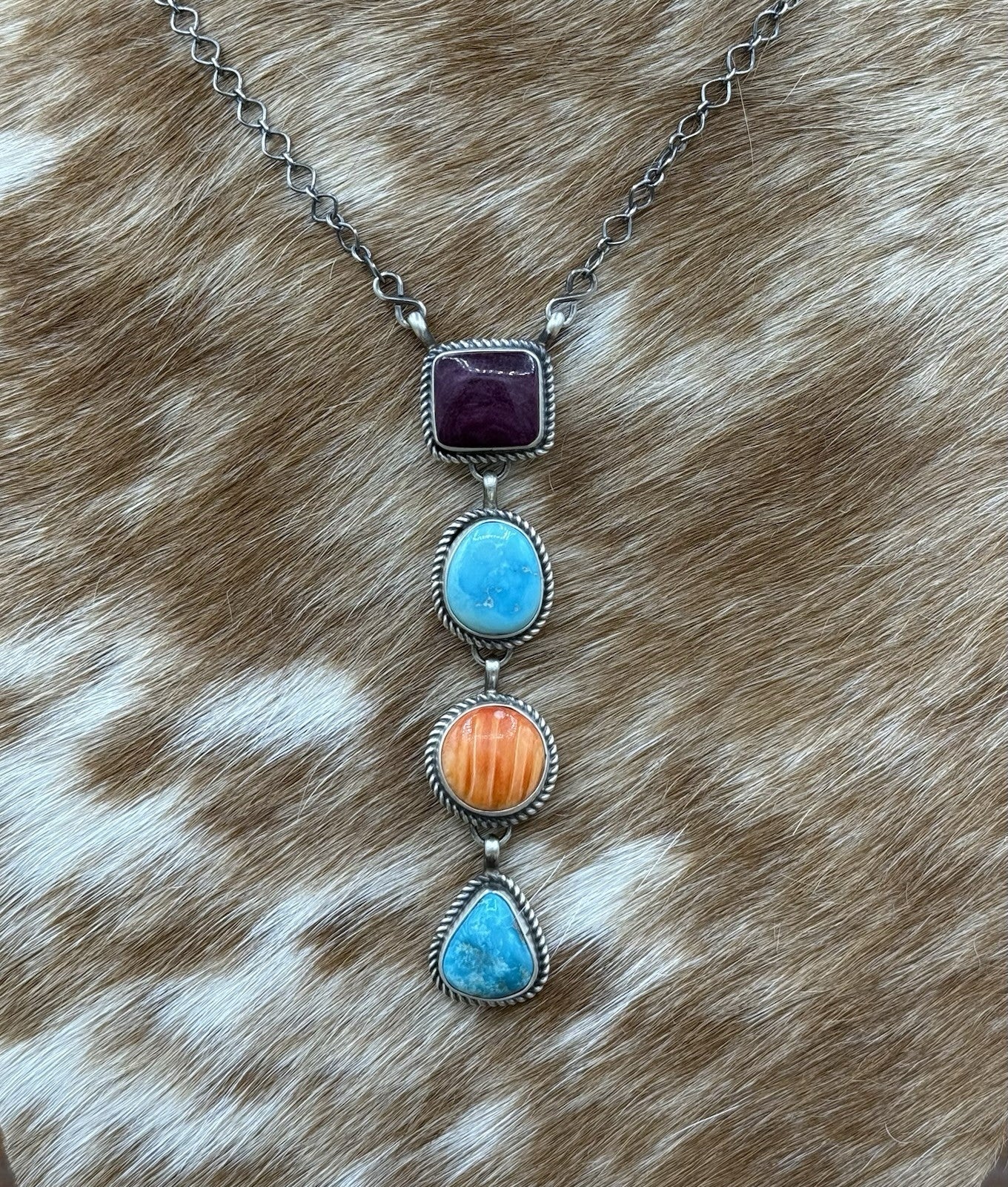 Navajo Handmade Sterling Silver Multi Color Mixed Stone Lariat Necklace 18”