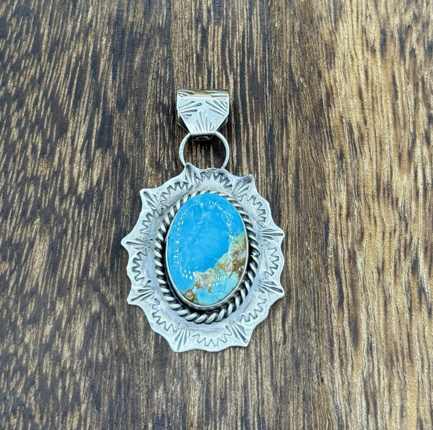 Native Navajo Handmade Sterling Silver Blue Bird Turquoise Stamped Drop Pendant