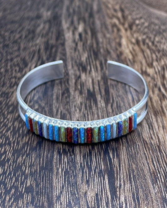 Native American Zuni Handmade Sterling Silver Multi Opal Stacker Cuff Bracelet