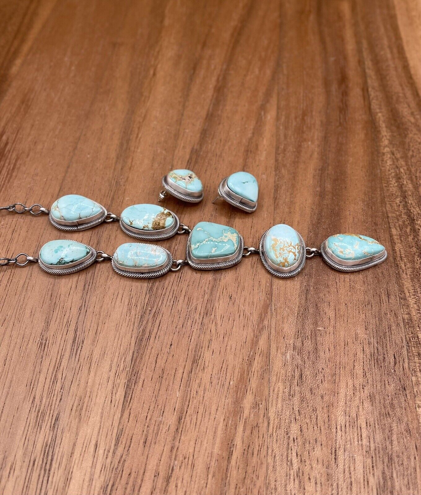 Native American Navajo Handmade Silver Royston Turquoise Lariat Necklace Set 18”