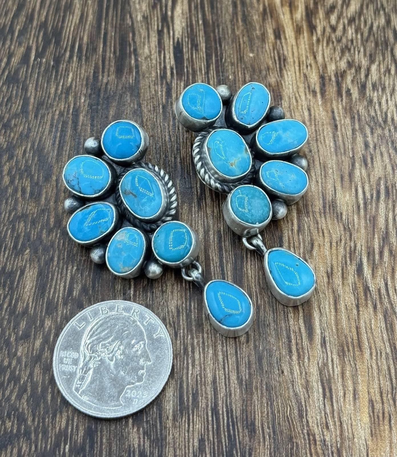 Navajo Handmade Sterling Silver Kingman Turquoise Half Cluster Drop Earrings