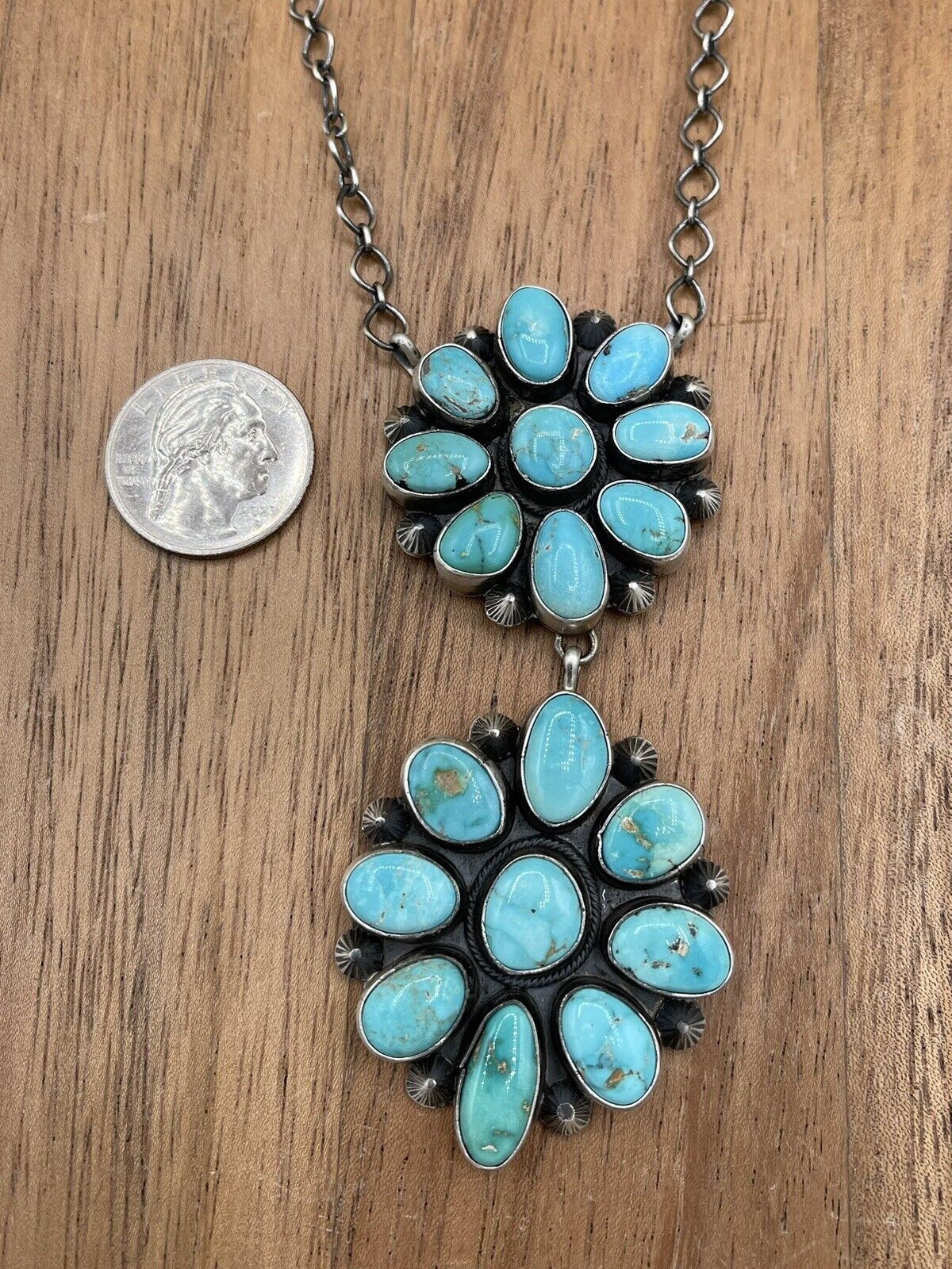 Native American Navajo Handmade Silver Kingman Turquoise Double Cluster Necklace