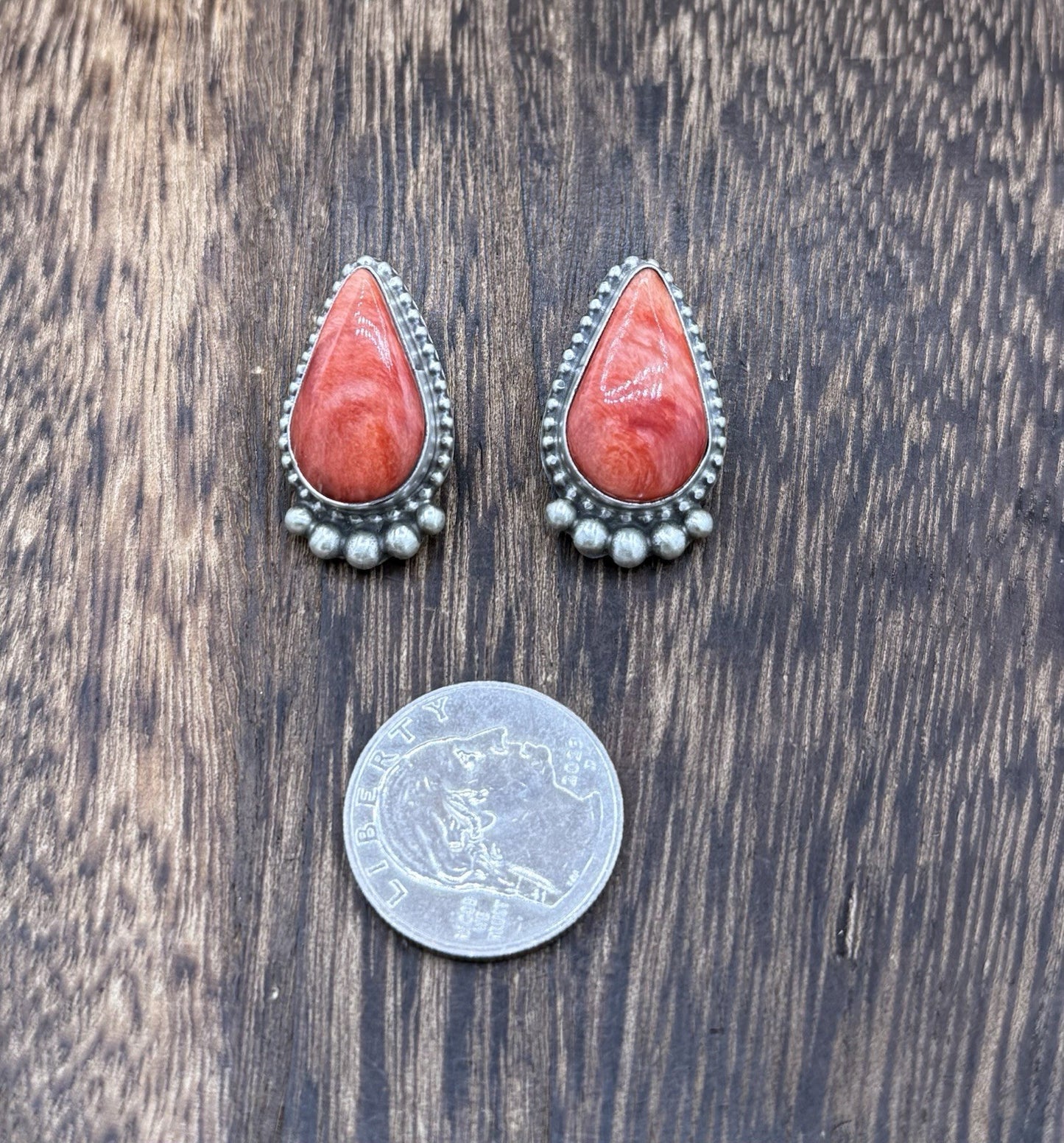 Native Navajo Handmade Sterling Silver Red Spiny Oyster Shell Post Stud Earrings