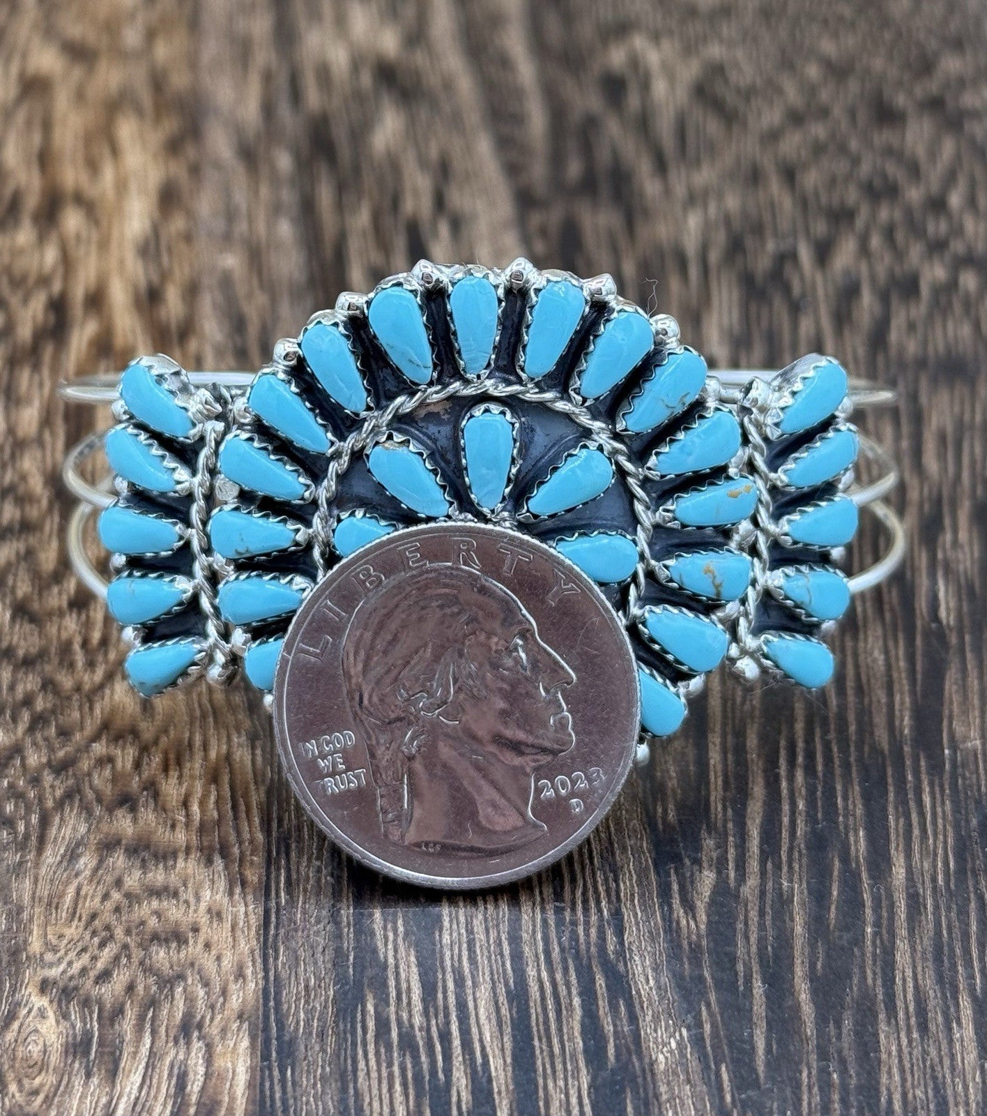 Native American Navajo Handmade Sterling Silver Turquoise Cluster Cuff Bracelet