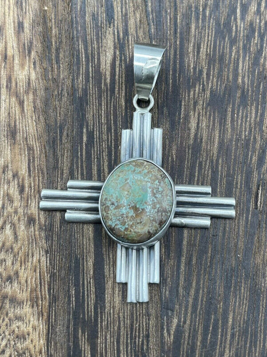 Native American Sterling Silver Navajo Handmade Turquoise Zia Pendant -Betta Lee