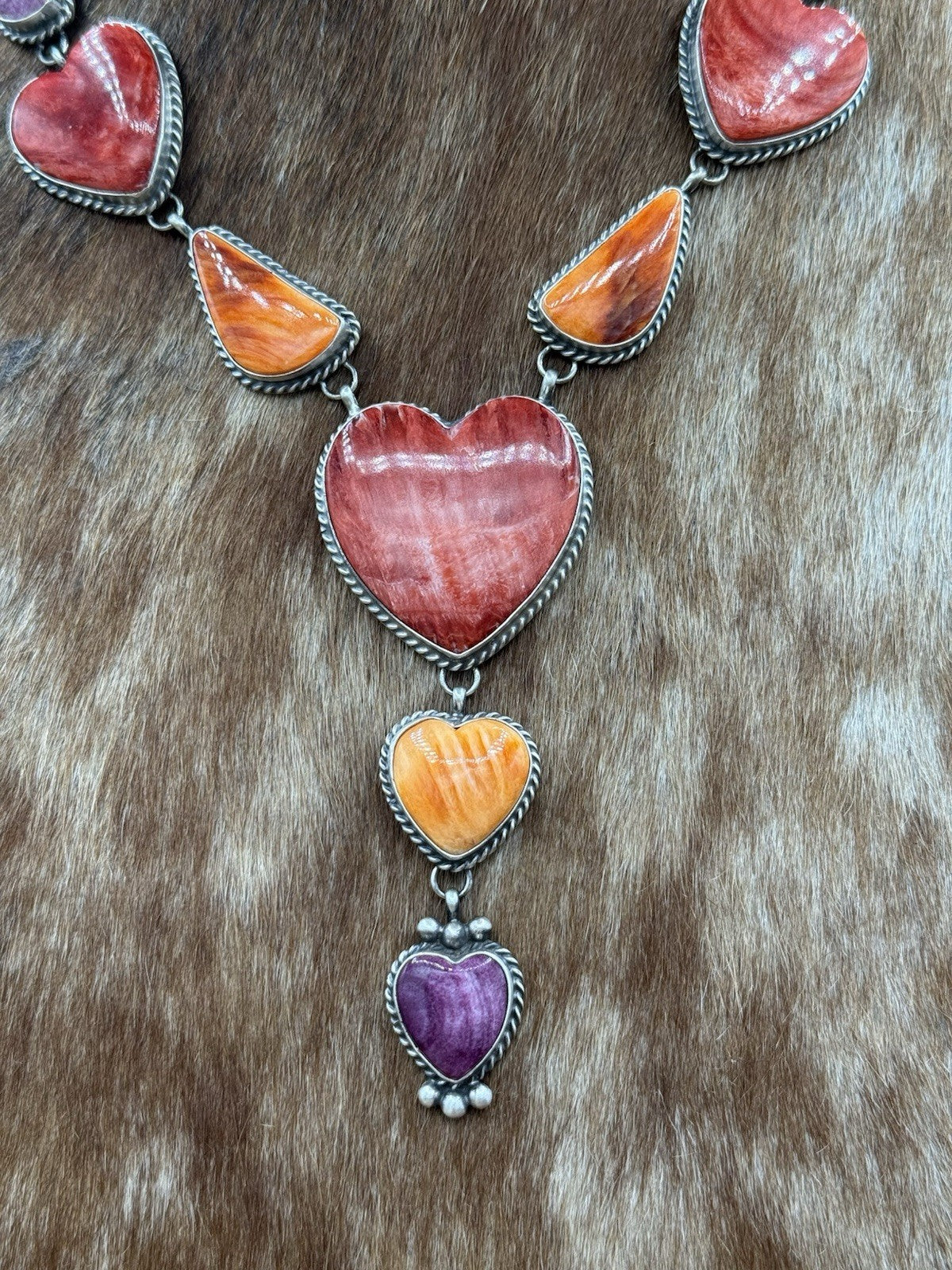 Navajo Handmade Sterling Silver Multi Spiny Oyster Shell Cluster Lariat Necklace