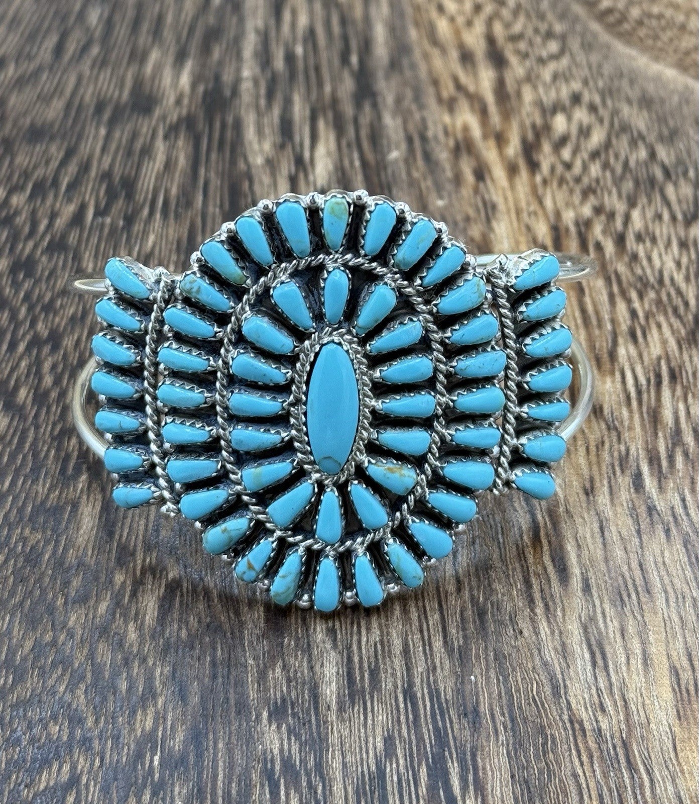 Native American Navajo Handmade Sterling Silver Turquoise Cluster Cuff Bracelet