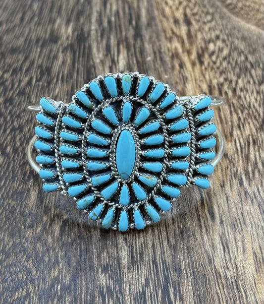 Native American Navajo Handmade Sterling Silver Turquoise Cluster Cuff Bracelet