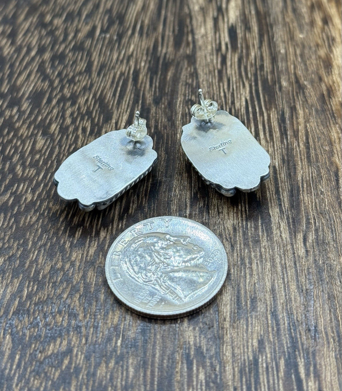 Navajo Handmade Sterling Silver Blackjack Turquoise Old Look Post Stud Earrings