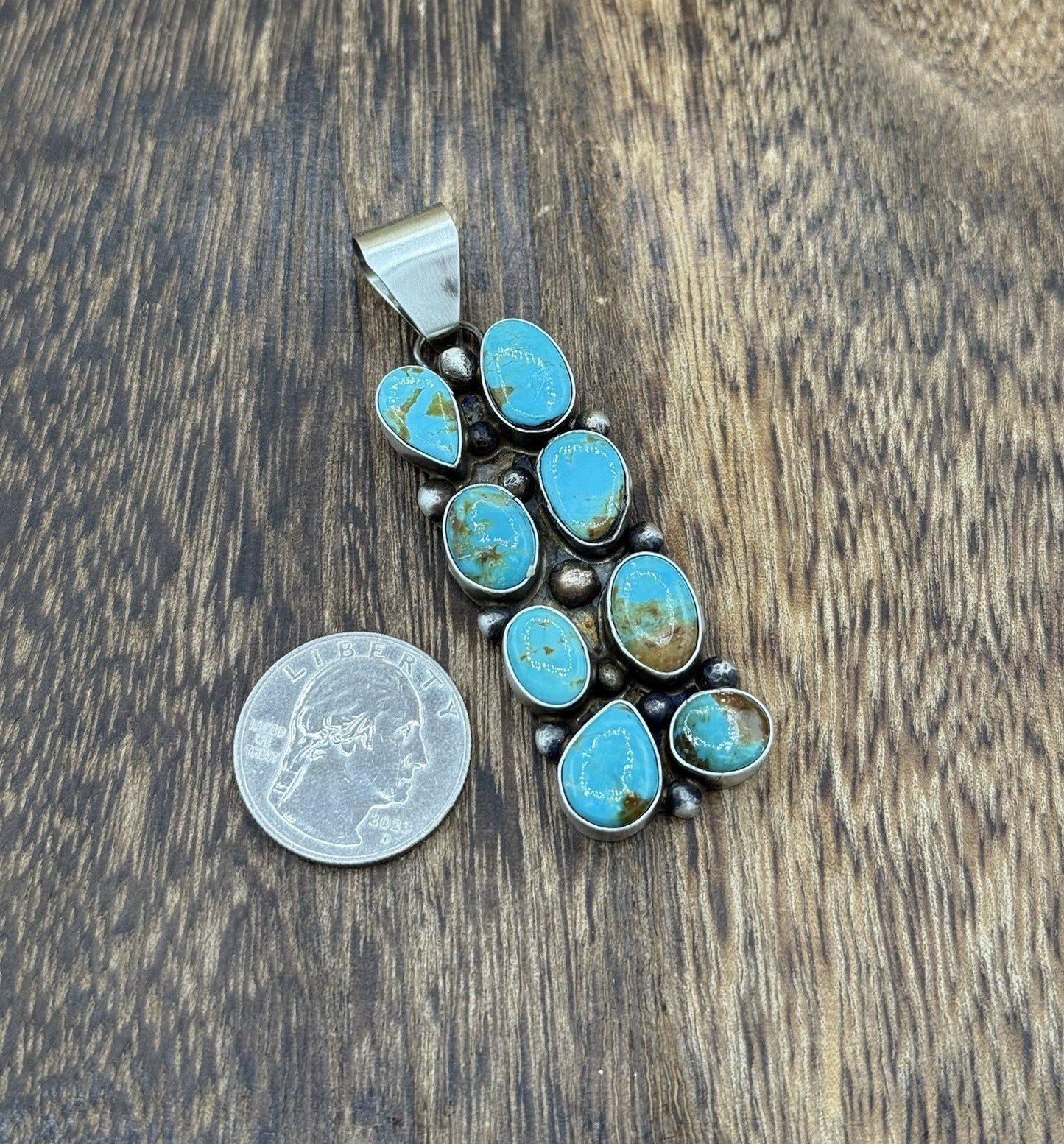 Native Navajo Handmade Sterling Silver Kingman Turquoise Cluster Drop Pendant