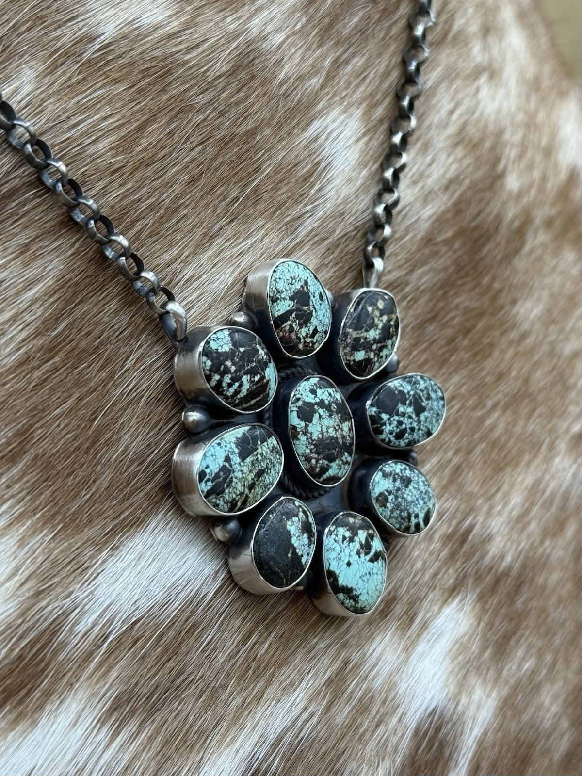 Navajo Handmade Sterling Silver Blackjack Turquoise Cluster Bar Necklace 18”