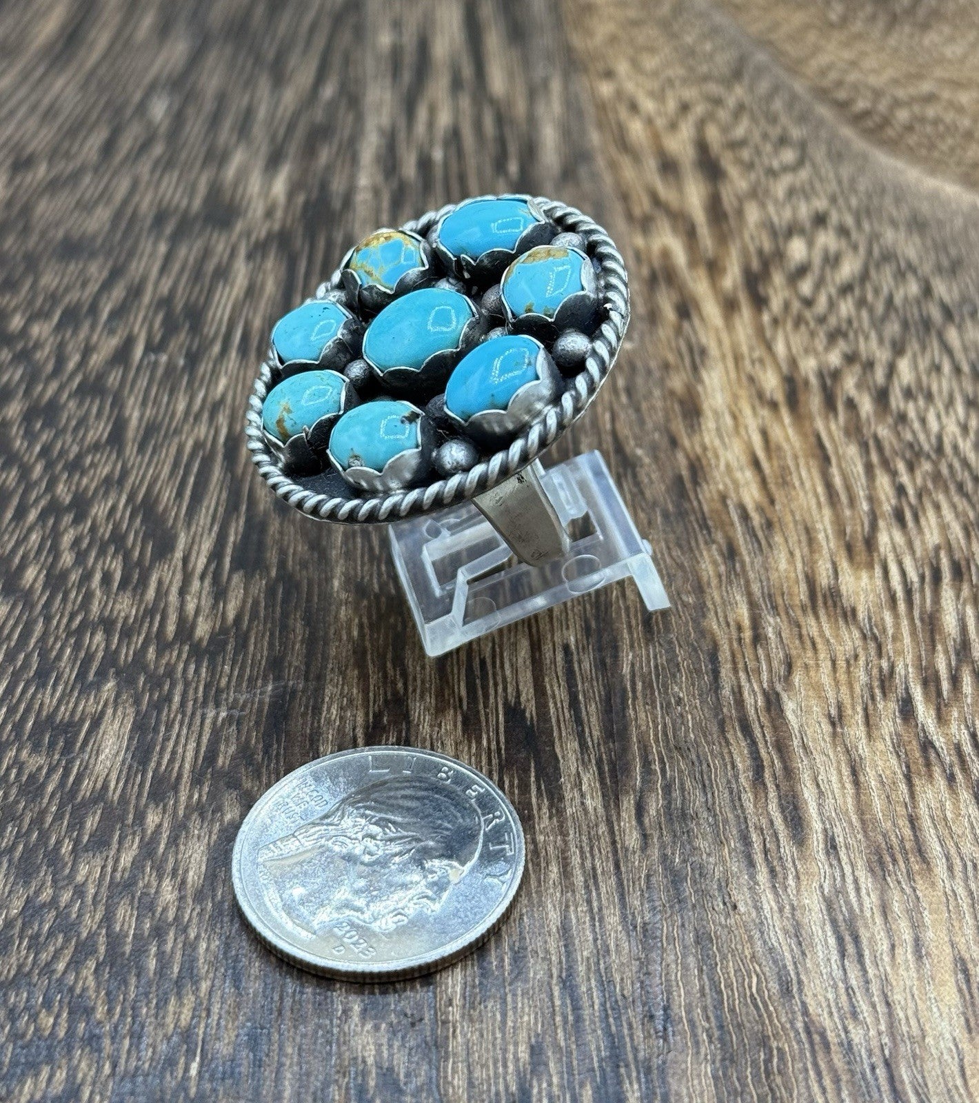 Navajo Handmade Sterling Silver Kingman Turquoise Adjustable Ring Size 7 To 9