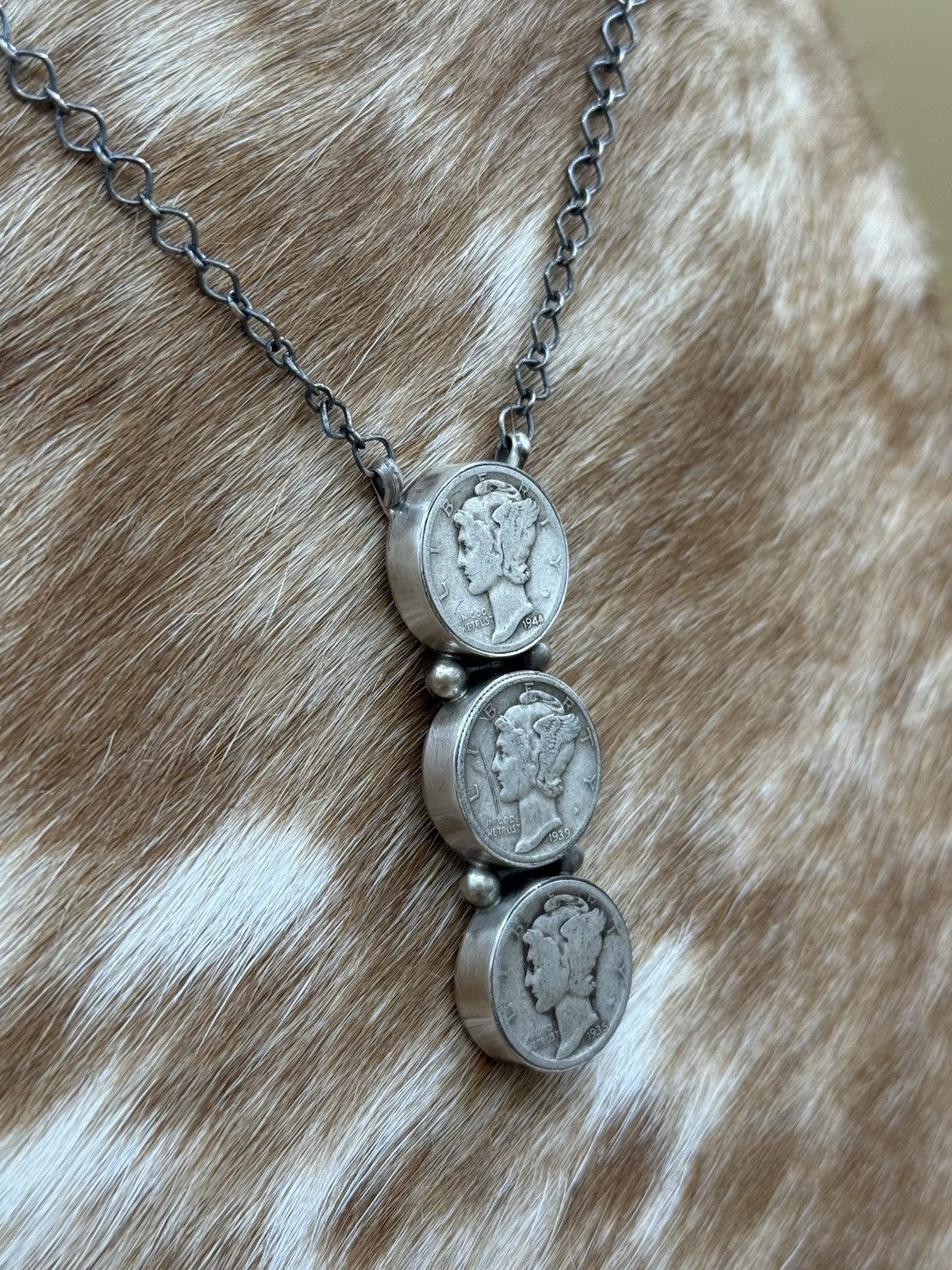 Navajo Handmade Sterling Silver Liberty Dime Cluster Bar Lariat Necklace 18”