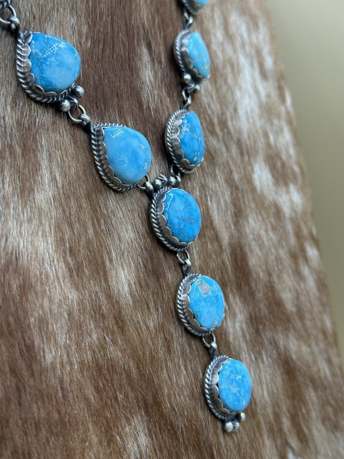 Native Navajo Handmade Sterling Silver Blue Bird Turquoise Y Lariat Necklace 24”