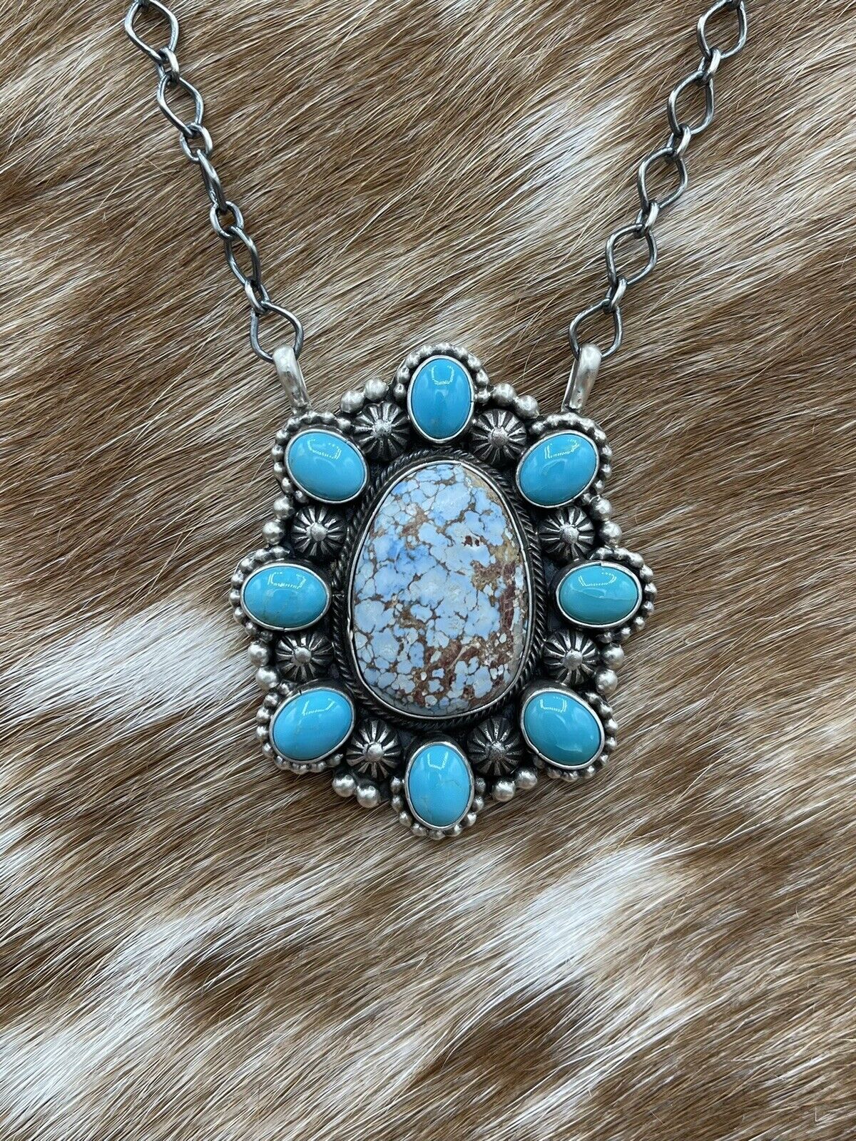 Native American Navajo Handmade Silver Turquoise Cluster Necklace 18 Inch