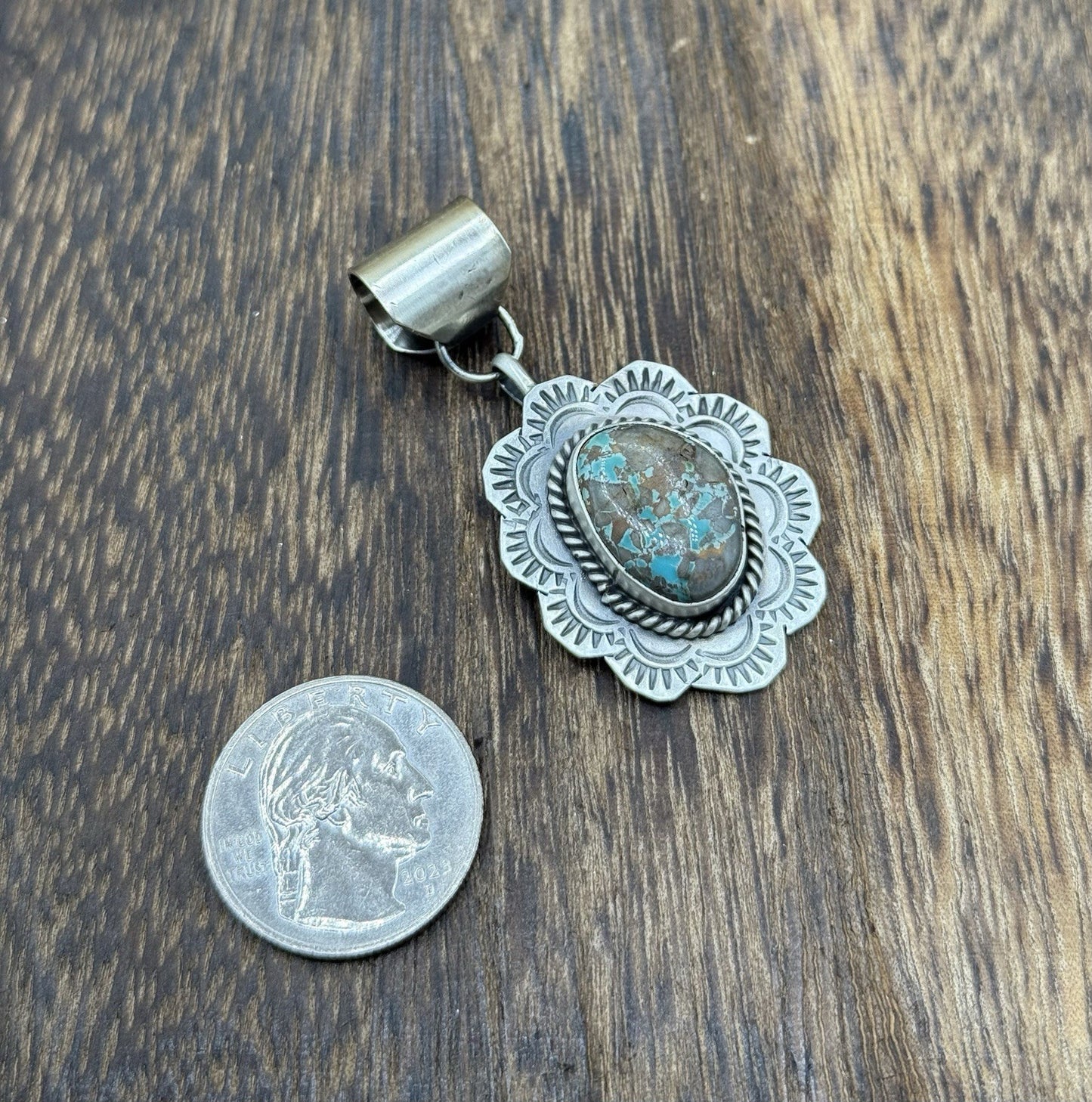 Navajo Handmade Sterling Silver Royston Turquoise Stamped Design Drop Pendant