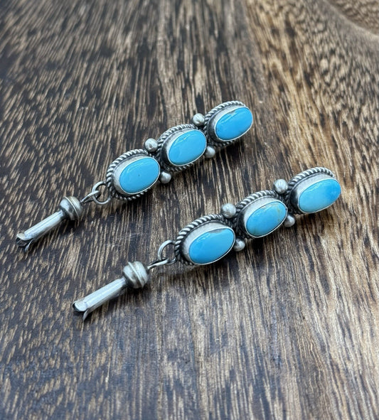 Navajo Handmade Sterling Silver Kingman Turquoise Blossom Post Dangle Earrings