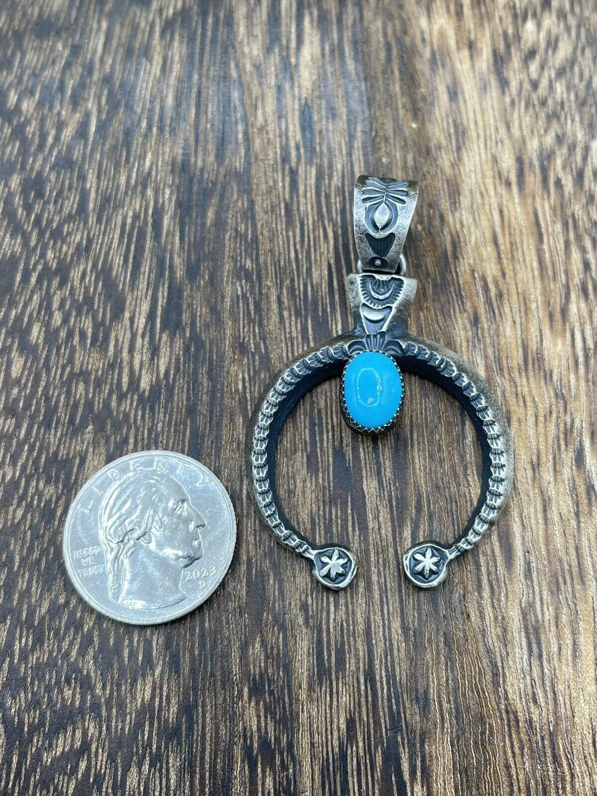 Native American Indian Navajo Handmade Silver Old Look Turquoise Naja Pendant