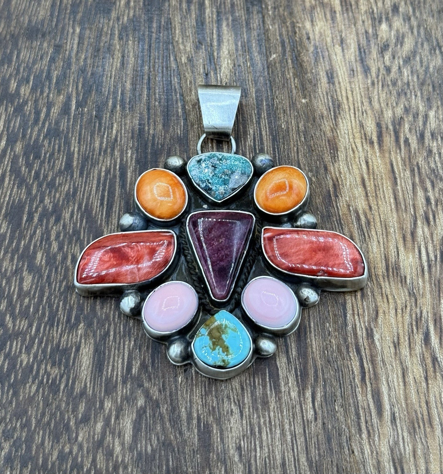 Navajo Handmade Sterling Silver Multi Color Turquoise Spiny Cluster Pendant Lg.