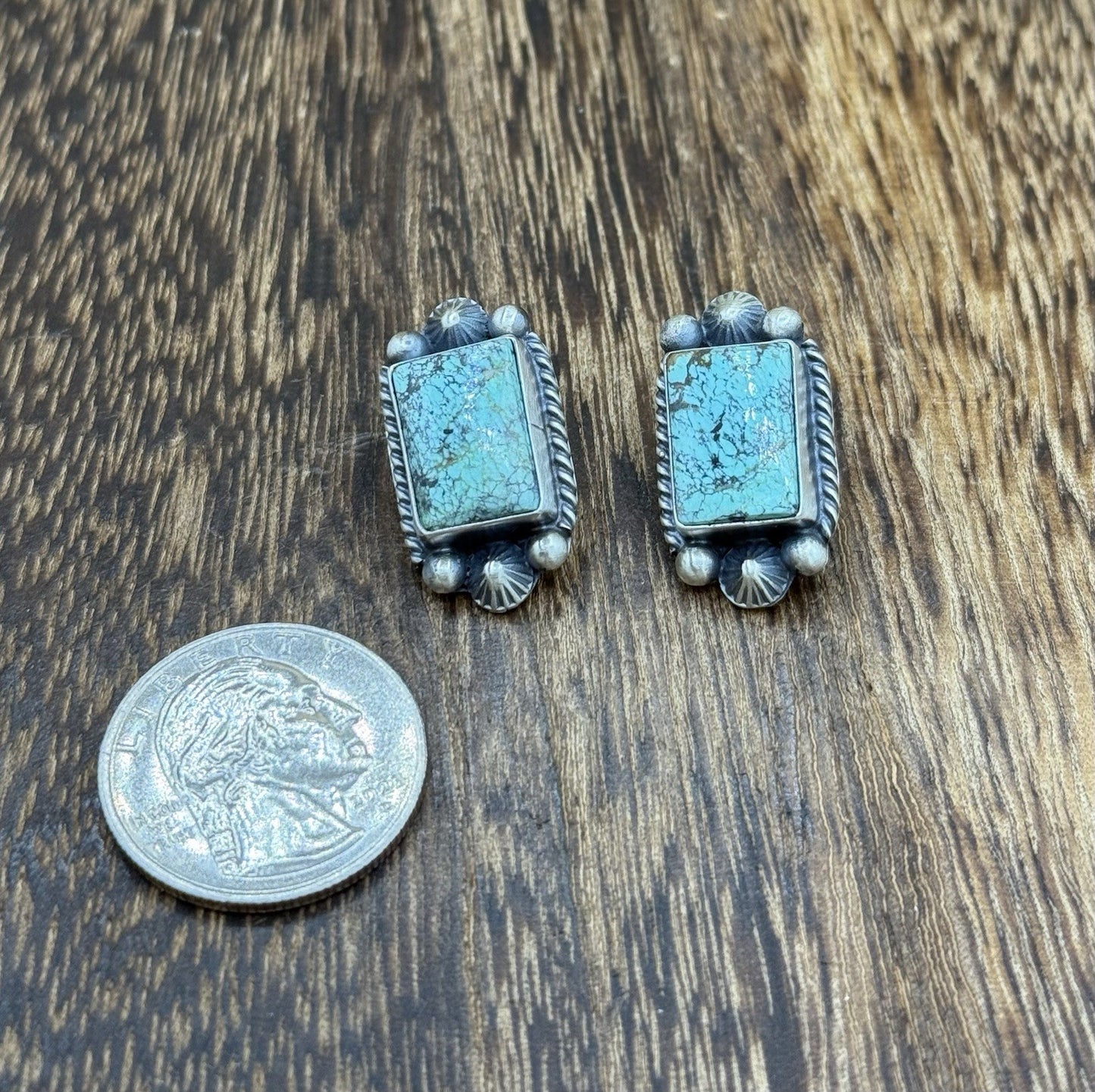 Navajo Handmade Sterling Silver Blackjack Turquoise Old Look Post Stud Earrings