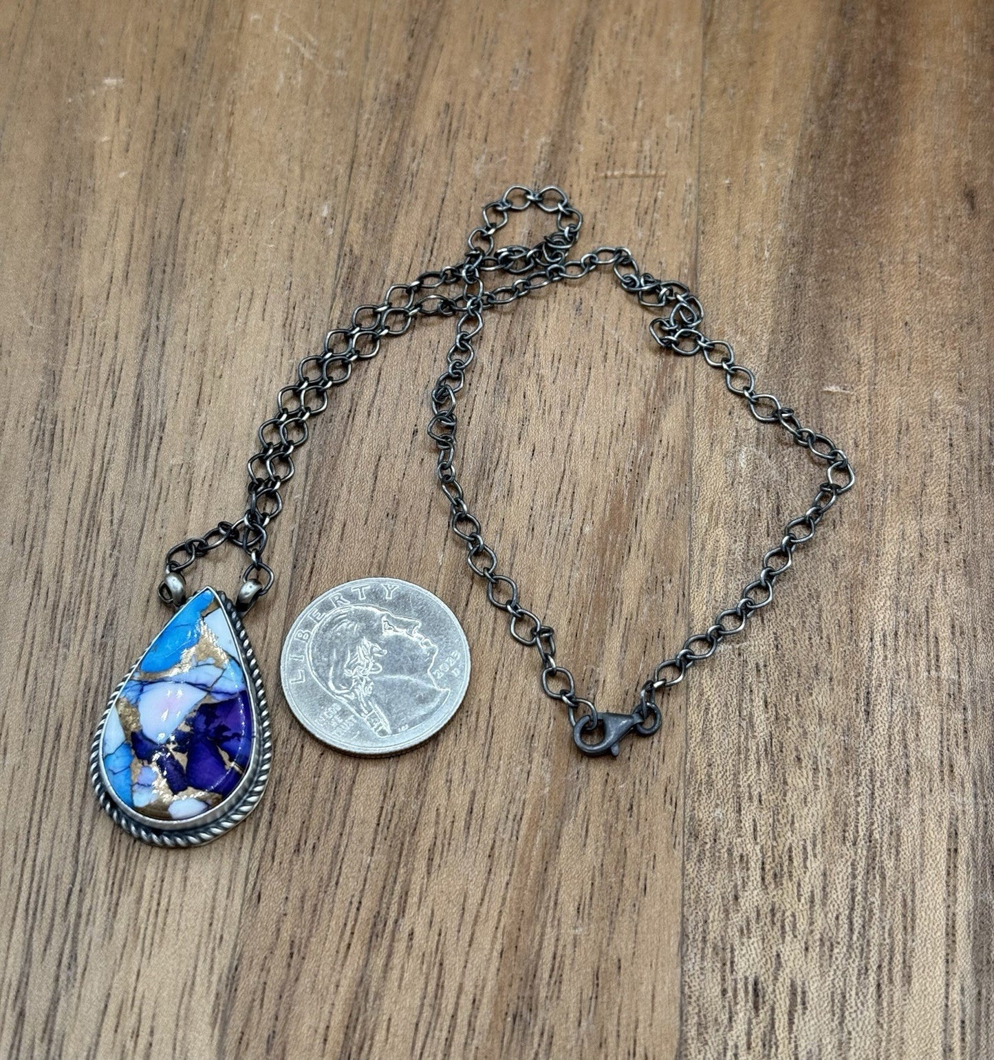 Navajo Handmade Sterling Silver Violet Rose & Blue Dahlia Bar Necklace 18”