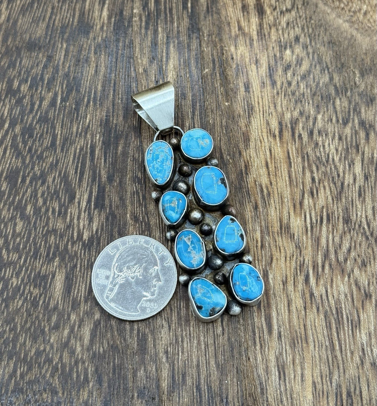 Native Navajo Handmade Sterling Silver Blue Ridge Turquoise Cluster Drop Pendant