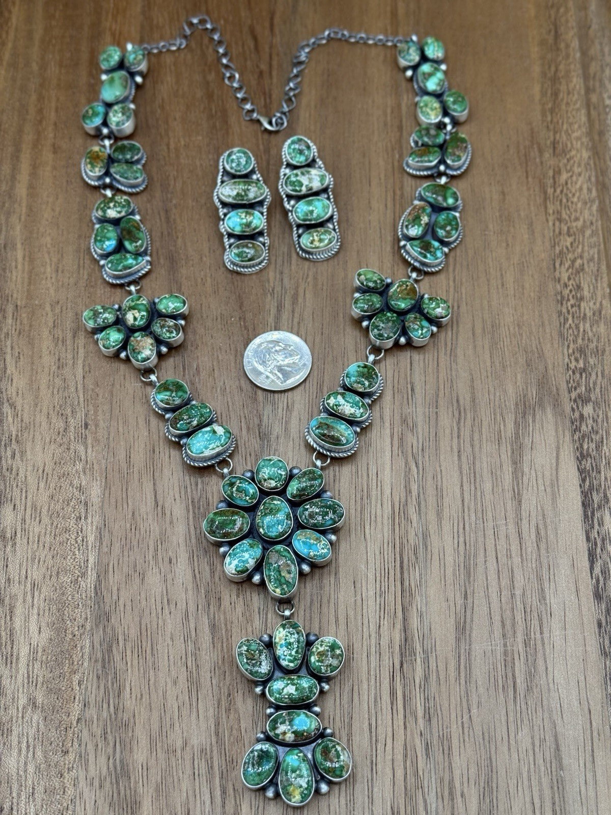 Navajo Handmade Sterling Silver Sonoran Gold Turquoise Cluster Lariat Necklace