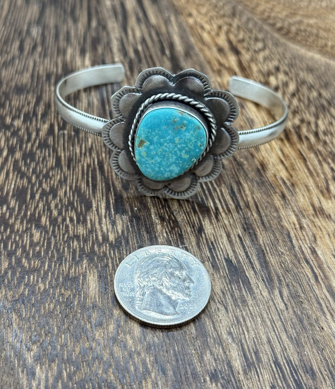 Native Navajo Handmade Sterling Silver Kingman Turquoise Cuff Stamped Bracelet