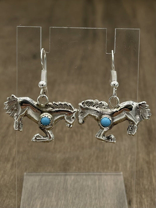 Native American Sterling Silver Navajo Handmade Turquoise Horse Earrings