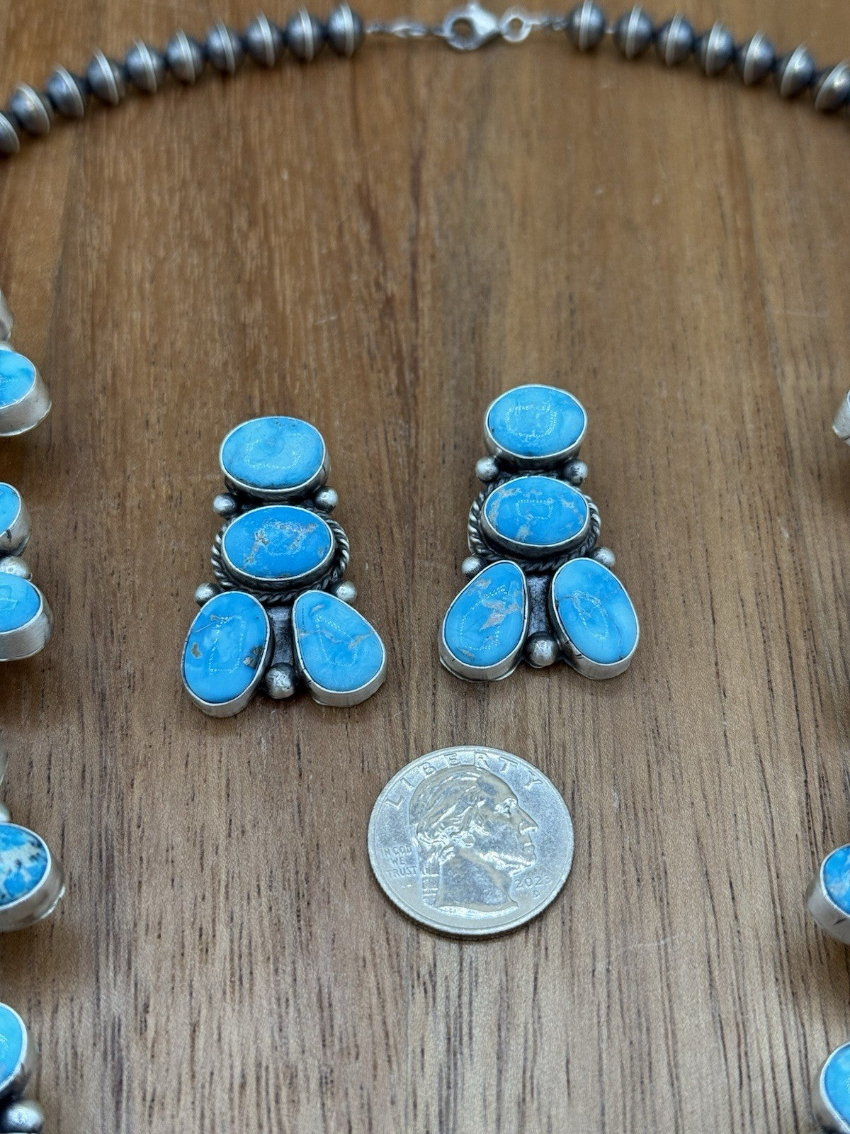 Navajo Handmade Sterling Silver Blue Ridge Turquoise Squash Blossom Necklace