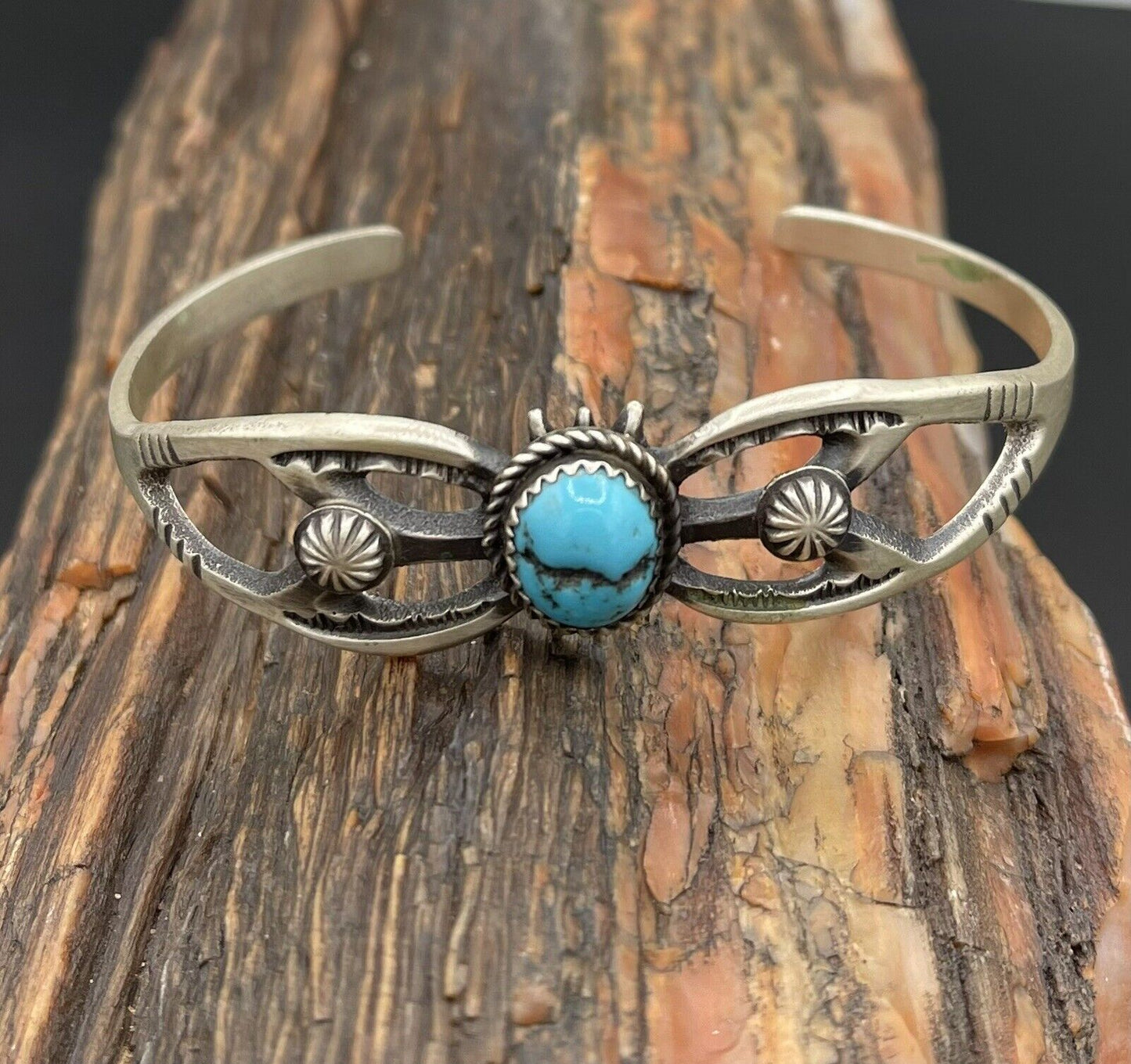 Native American Sterling Silver Indian Handmade Kingman Turquoise Cuff Bracelet