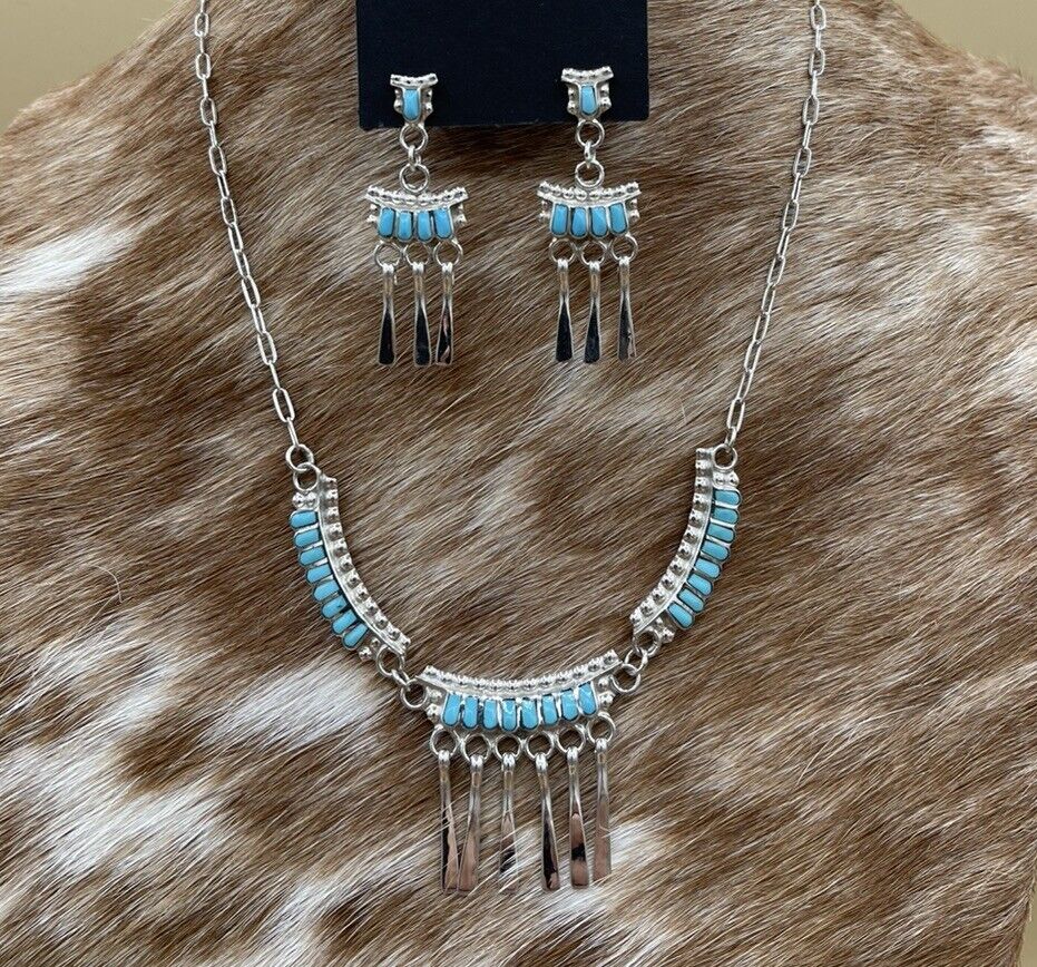 Native American Zuni handmade Sterling Silver Turquoise Inlay Dangle Necklace